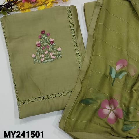 CODE MY241501 : Light cardamom green premium soft silk cotton unstitched salwar material,embroidery work on yoke,panel kind crochet lace on front(thin,lining needed)matching bottom,brush painted chiffon dupatta with lace tapings.