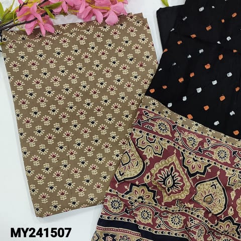 CODE MY241507 : Beige cotton unstitched salwar material, ajrak block printed all over(lining optional)black pure cotton bottom, bandhini&ajrak printed dupatta with hand made tassels.