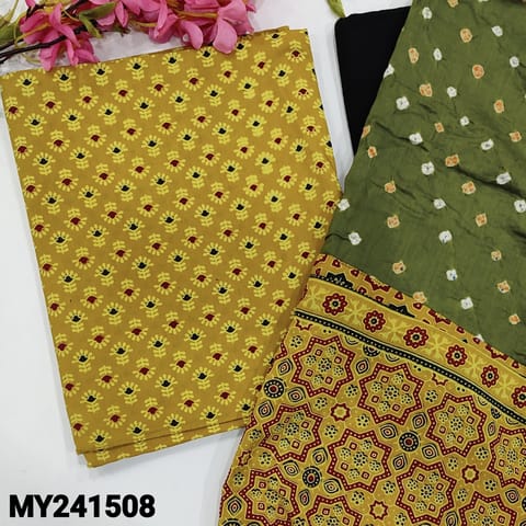 CODE MY241508 : Mehandhi yellow cotton unstitched salwar material, ajrak block printed all over(lining optional)black pure cotton bottom, bandhini&ajrak printed dupatta with hand made tassels.