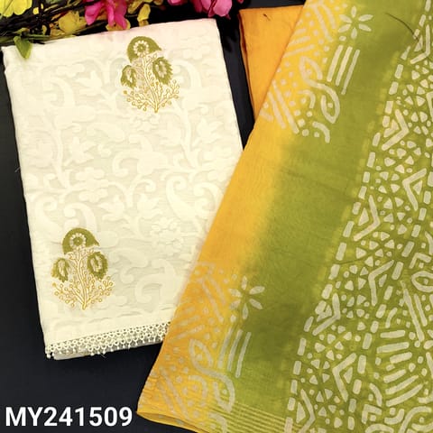 CODE MY241509 : Half white premium jakard silk cotton unstitched salwar material, self woven design with block printed all over(thin fabric, lining needed)lace work on daman, yellow silky bottom, dual shaded dupatta with zari line and tassels.