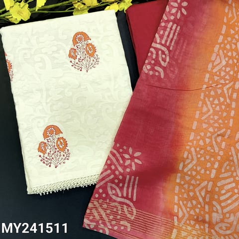 CODE MY241511 : Half white premium jakard silk cotton unstitched salwar material, self woven design with block printed all over(thin fabric, lining needed)lace work on daman, dark pink silky bottom, dual shaded dupatta with zari line and tassels.