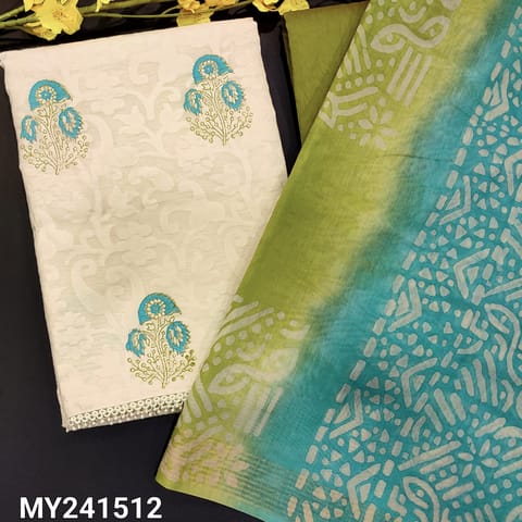 CODE MY241512 : Half white premium jakard silk cotton unstitched salwar material, self woven design with block printed all over(thin fabric, lining needed)lace work on daman, mossy green silky bottom, dual shaded dupatta with zari line and tassels.