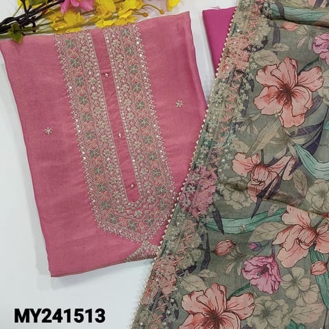 CODE MY241513 : Pink with golden tint designer pure tissue organza silk unstitched salwar material,rich work on yoke(shiny, lining needed)zari work on front, matching santoon bottom, floral printed tissue organza dupatta with kota lace tapings.