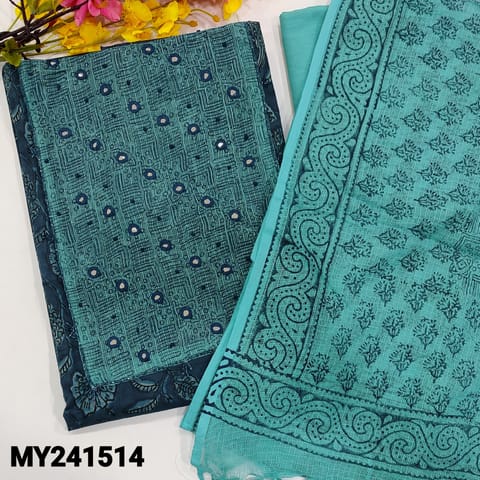 CODE MY241514 : Indigo blue pure cotton unstitched salwar material, kota material yoke with real mirror work, block printed all over(lining optional)pastel blue pure drum dyed cotton bottom, block printed pure kota cotton dupatta with tassels.