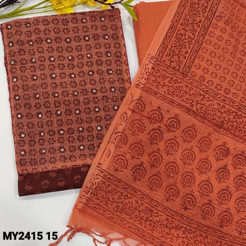 CODE MY241515 : Maroon pure cotton unstitched salwar material, kota material yoke with real mirror work, block printed all over(lining optional)peach pure drum dyed cotton bottom, block printed pure kota cotton dupatta with tassels.