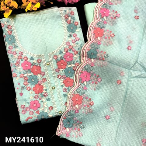 CODE MY241710 : Pastel blue kota silk cotton unstitched salwar material, floral embroidered& fancy buttons on yoke(thin fabric, lining needed)matching spun cotton bottom, embroidered kota silk cotton dupatta with cut work edges.