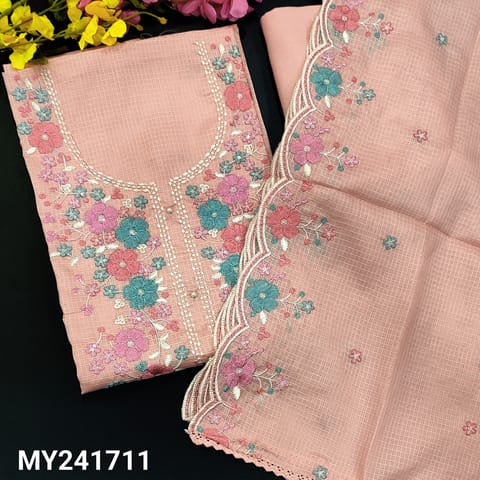 CODE MY241711 : Pastel pink kota silk cotton unstitched salwar material, floral embroidered& fancy buttons on yoke(thin fabric, lining needed)matching spun cotton bottom, embroidered kota silk cotton dupatta with cut work edges.