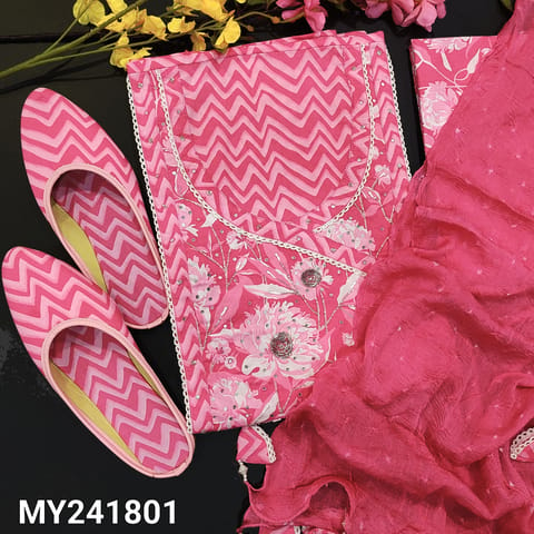 CODE MY241801 : Pink zigzag printed premium cotton unstitched salwar material, angraha neckline with floral print& bead work,(lining optional)lace on daman, printed cotton bottom, bandhini worked chiffon dupatta with tassels. READ FREE GIFT DETAILS BELOW