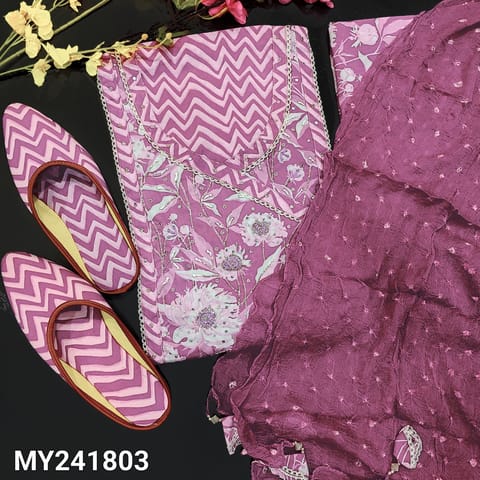 CODE MY241803 : Purple zigzag printed premium cotton unstitched salwar material, angraha neckline floral print& bead work,(lining optional)lace on daman, printed cotton bottom, bandhini worked chiffon dupatta with tassels. READ FREE GIFT DETAILS BELOW