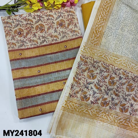 CODE MY241804 : Pastel yellow kota cotton unstitched salwar material, faux mirror work on front, block printed all over(thin fabric, lining needed)dark fenugreek yellow spun cotton bottom, block printed pure kota cotton dupatta with tapings.