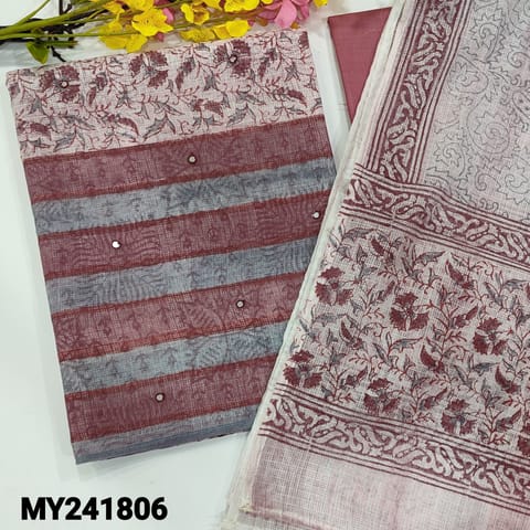 CODE MY241806 : Light onion pink kota cotton unstitched salwar material, faux mirror work on front, block printed all over(thin fabric, lining needed)onion pink spun cotton bottom, block printed pure kota cotton dupatta with tapings.