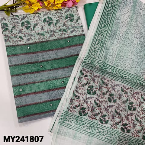 CODE MY241807 : Pastel green kota cotton unstitched salwar material, faux mirror work on front, block printed all over(thin fabric, lining needed)dark turquoise green spun cotton bottom, block printed pure kota cotton dupatta with tapings.