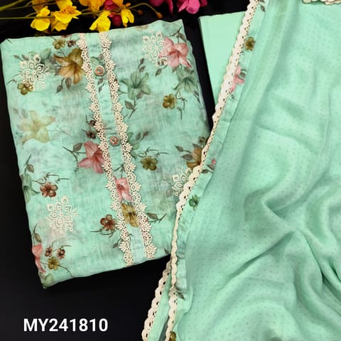 CODE MY241810 : Sea green premium linen unstitched salwar material,lace work on yoke, floral printed all over,embroidered on front(thin,lining needed)matching cotton provided for lining, NO BOTTOM, printed pure chiffon dupatta with lace tapings.