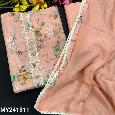 CODE MY241811 : Peachish pink premium linen unstitched salwar material,lace work on yoke, floral printed all over,embroidered on front(thin,lining needed)matching cotton provided for lining, NO BOTTOM, printed pure chiffon dupatta with lace tapings.