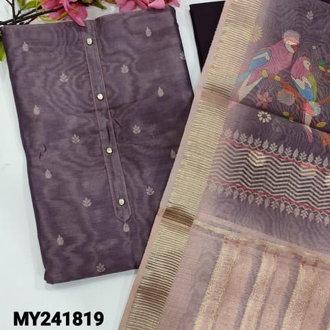 CODE MY241819 : Designer purple with golden tint tissue silk cotton unstitched salwar material, fancy buttons on yoke, (thin fabric, lining needed)dark purple silky cotton bottom, printed tissue silk cotton dupatta with rich borders& pallu.