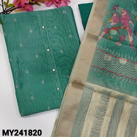 CODE MY241820 : Designer blue with golden tint tissue silk cotton unstitched salwar material, fancy buttons on yoke, (thin fabric, lining needed)turquoise blue silky cotton bottom, printed tissue silk cotton dupatta with rich borders& pallu.
