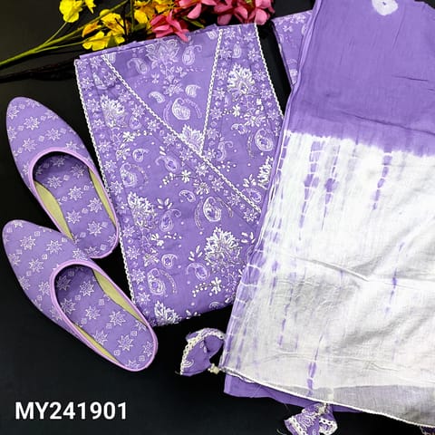 CODE MY241901 : Light purple premium cotton unstitched salwar material,angraha neckline with bead work,(lining optional)lace work on daman,printed pure soft cotton bottom, bandhini dyed pure mul cotton dupatta with tassels.FREE GIFT DEATISL BELOW