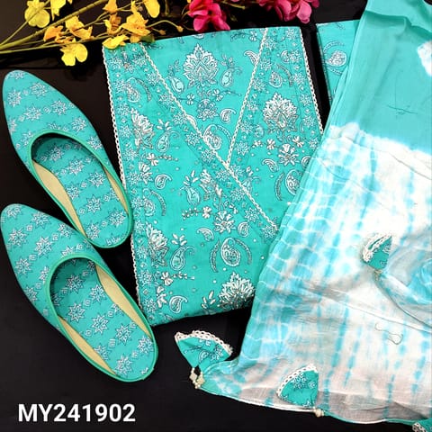 CODE MY241902 : Pastel blue premium cotton unstitched salwar material,angraha neckline with bead work,(Lining optional)lace work on daman,printed pure soft cotton bottom, bandhini dyed pure mul cotton dupatta with tassels.FREE GIFT DETAILS BELOW