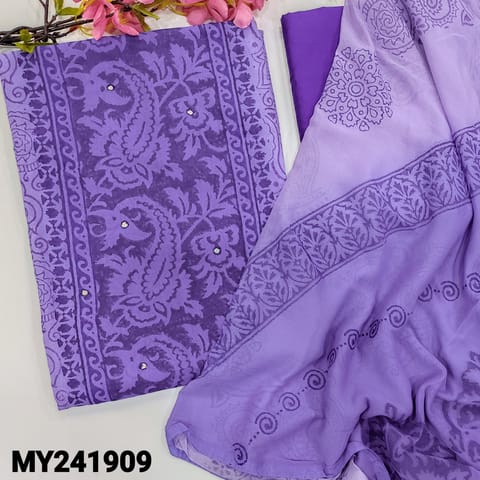 CODE MY241909 : Purple& lavender fancy georgette unstitched salwar material, block printed all over, faux mirror work on front(thin fabric, lining needed)purple silk cotton bottom, block printed dual shaded chiffon dupatta.
