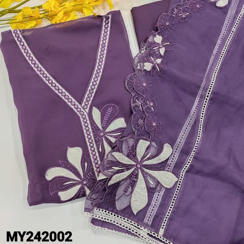 CODE MY242002 : Purple organza semi stitched salwar material, v neck with foil& embroidery(thin fabric, lining needed)rich embroidery& cut work on daman, matching santoon bottom, organza dupatta with embroidery, lace work& cut work edges.