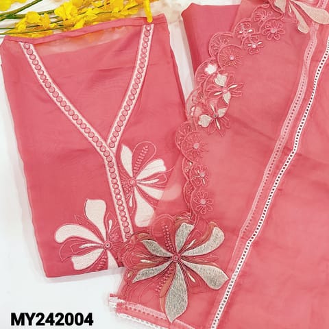 CODE MY242004 : PRE ORDER Pink organza semi stitched salwar material, v neck with foil& embroidery(thin fabric, lining needed)rich embroidery& cut work on daman, matching santoon bottom, organza dupatta with embroidery, lace work& cut work edges.