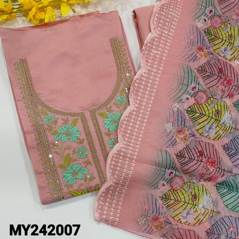 CODE MY242007 : Pastel pink soft fancy silk cotton unstitched salwar material, heavy embroidery zari &sequins work on yoke(silky fabric, lining needed)matching silky bottom, printed short width fancy organza dupatta with cut work edges.