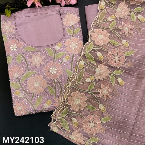 CODE MY242103 : Mauve green premium silk cotton unstitched salwar material, rich embroidery, bead& faux mirror work on yoke(silky fabric, lining needed)matching santoon bottom, embroidered fancy organza dupatta with sequins work &cut work edges.