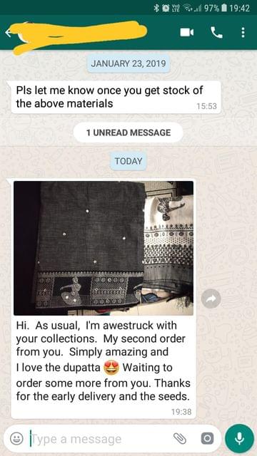 Please let me know once you get stock of the above materials.. As usual, I'am awestruck with you collections.. My second order form you.. Simply amazing.. I love the dupatta waiting to order some mare from you. Thanks for the early delivery and the seeds.. - Reviewed on 01-Feb-2019