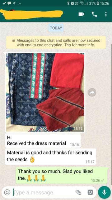 Received the dress material.. Material is good, And thanks for sending the seeds.. Super. - Reviewed on 14-Feb-2019