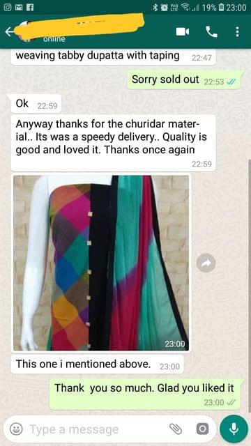 Anyway thanks for the chudi material... I'ts was a speed delivery... Quality is good  and loved it... Thanks once again... This one i mentioned above. -Reviewed on 04-Mar-2019