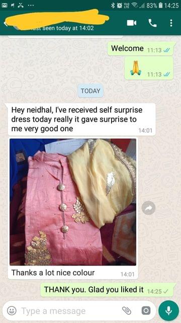 I received self surprise dress today really it give surprise to me very good one... Thanks a lot nice colour. -Reviewed on 16-Mar-2019