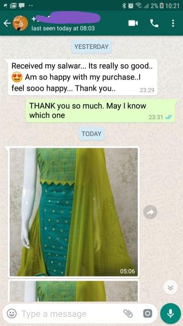 Received my salwar... It's really so good... Am so happy with my purchase... I feel so happy... Thank you. -Reviewed on 04-Jul-2019