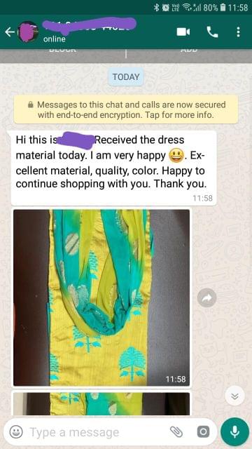 Received the dress material today... I'am very happy.... Excellent material, Quality, Colour... Happy to continue shopping with you... Thank you. -Reviewed on 12-Jul-2019