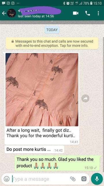 After a long wait, Finally got this thank you for the wonderful kurti... Do post more Kurtis. -Reviewed on 19-Jul-2019